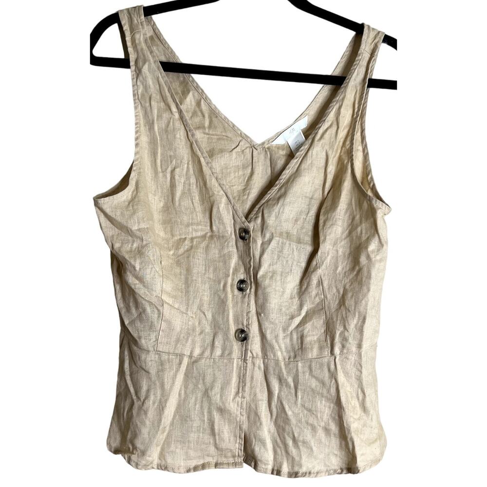 H&M Peplum Top Women Small Beige 100% Linen Sleeveless V Neck Coquette NEW
